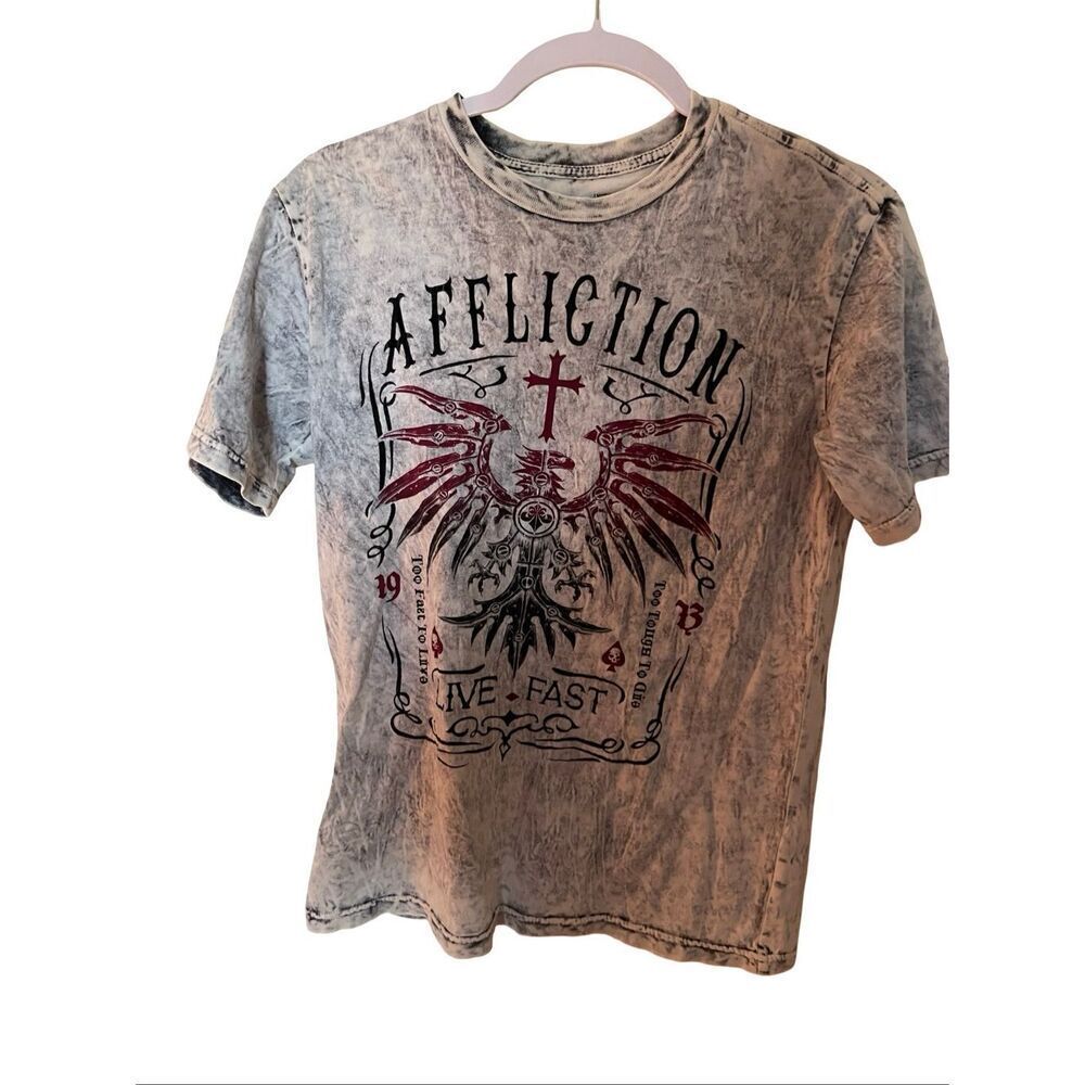 Affliction Mens White Gray Black Live Fast Graphic Distressed T-Shirt Medium